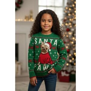 Holiday Time French Bulldog Santa Paws Ugly Christmas Sweater Green Red L 10-12